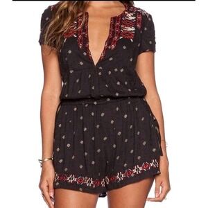 Free People Song For You Embroidered Romper Medium Black V-Neck Aztec Boho